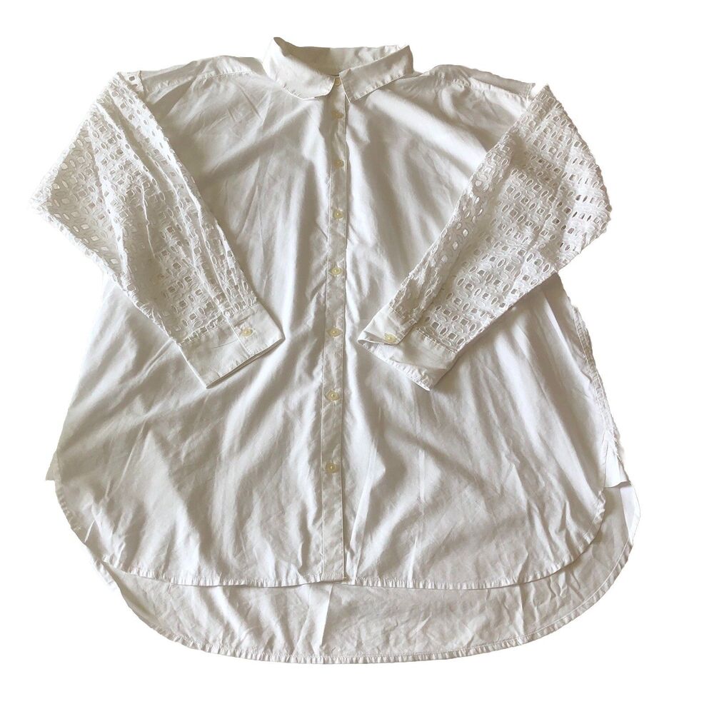 LOFT White Eyelet Sleeve Button Down Shirt Size High-Low Tunic Top XL